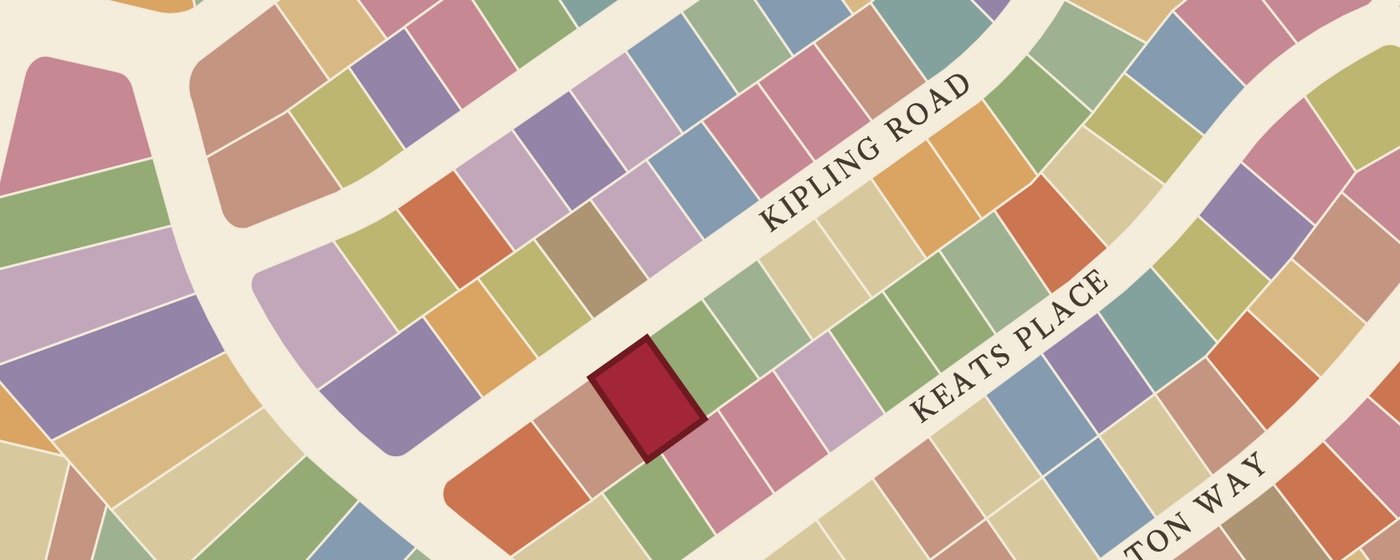 Close-up showing one lot marked in crimson beside Kipling Road and Keats Place